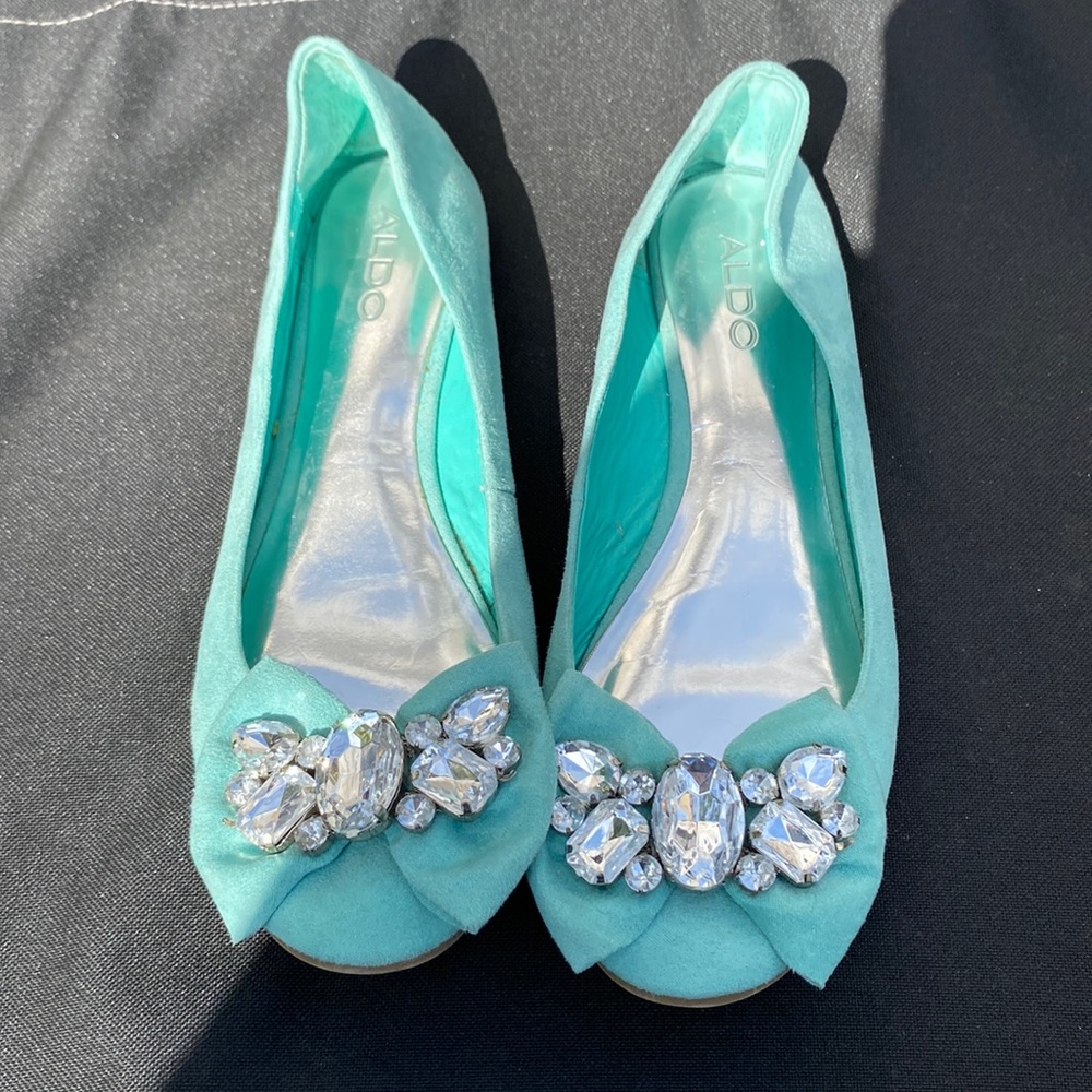 Aldo bedazzled turquoise suede flats